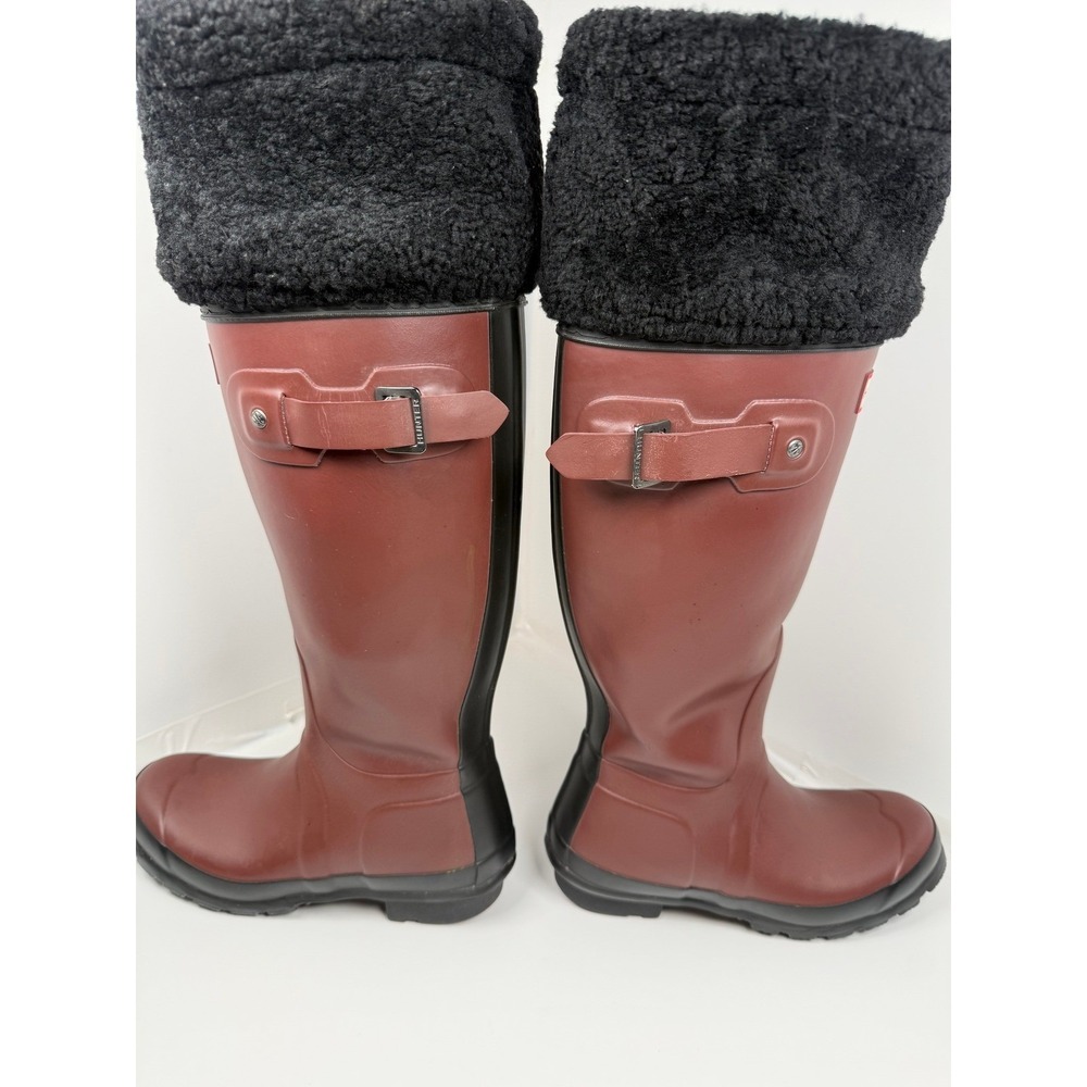 Hunter Rain Boots Women Size 5 Burgundy Tall Shearling Cuff Buckle Waterproof - Picture 5 of 6
